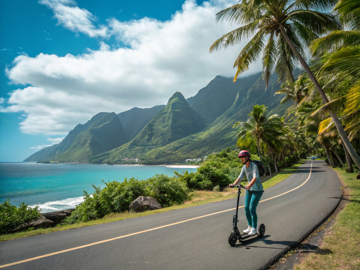 Conductrice casquée en trottinette électrique sur une route côtière bordée de palmiers, montagnes en arrière-plan