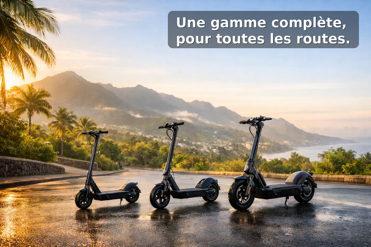 Trois trottinettes électriques sur une route côtière au lever du soleil, texte « Une gamme complète, pour toutes les routes »